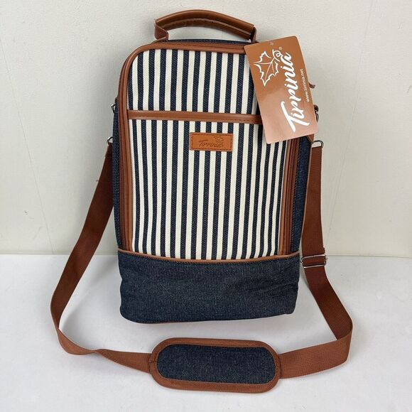 Tirrinia Wine Bag Blue Stripe 2 Bottle‎ Insulated Picnic Travel Party New NWT - Picture 1 of 6